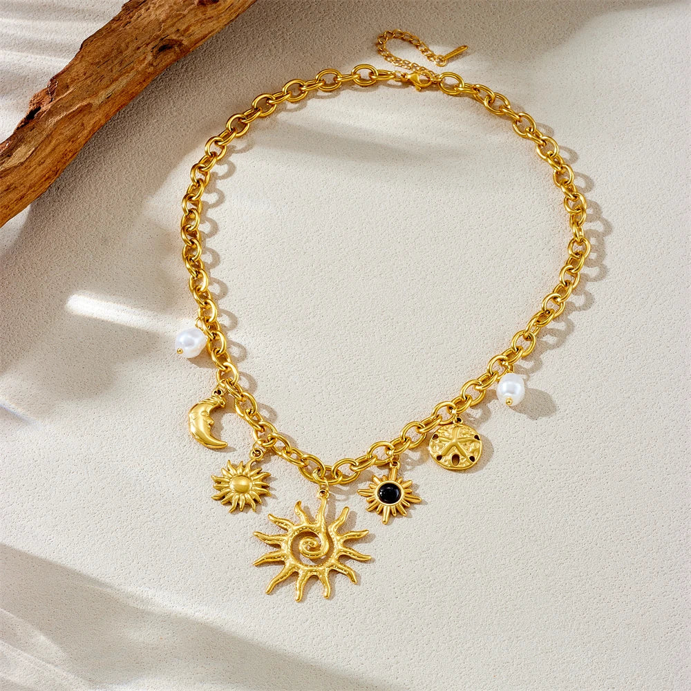Sun, Moon and Starfish Charm Necklace, Gold-Tone Stainless Steel