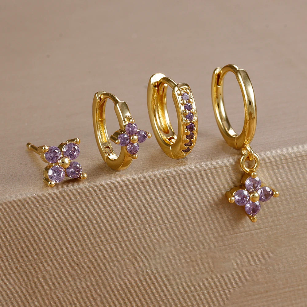Huggie Hoop Earring Set, 4 Pairs, Gold-Tone or Silver-Tone with Colored Stones