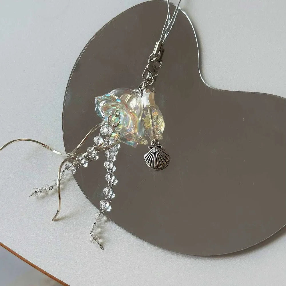 Jellyfish Beaded Phone Charm Strap, Ocean Bead Keychain and Bag Charm