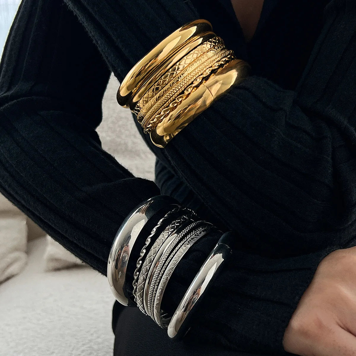 Stainless Steel Twist Bangle Set, Gold-Tone or Silver-Tone, Stackable Bracelets