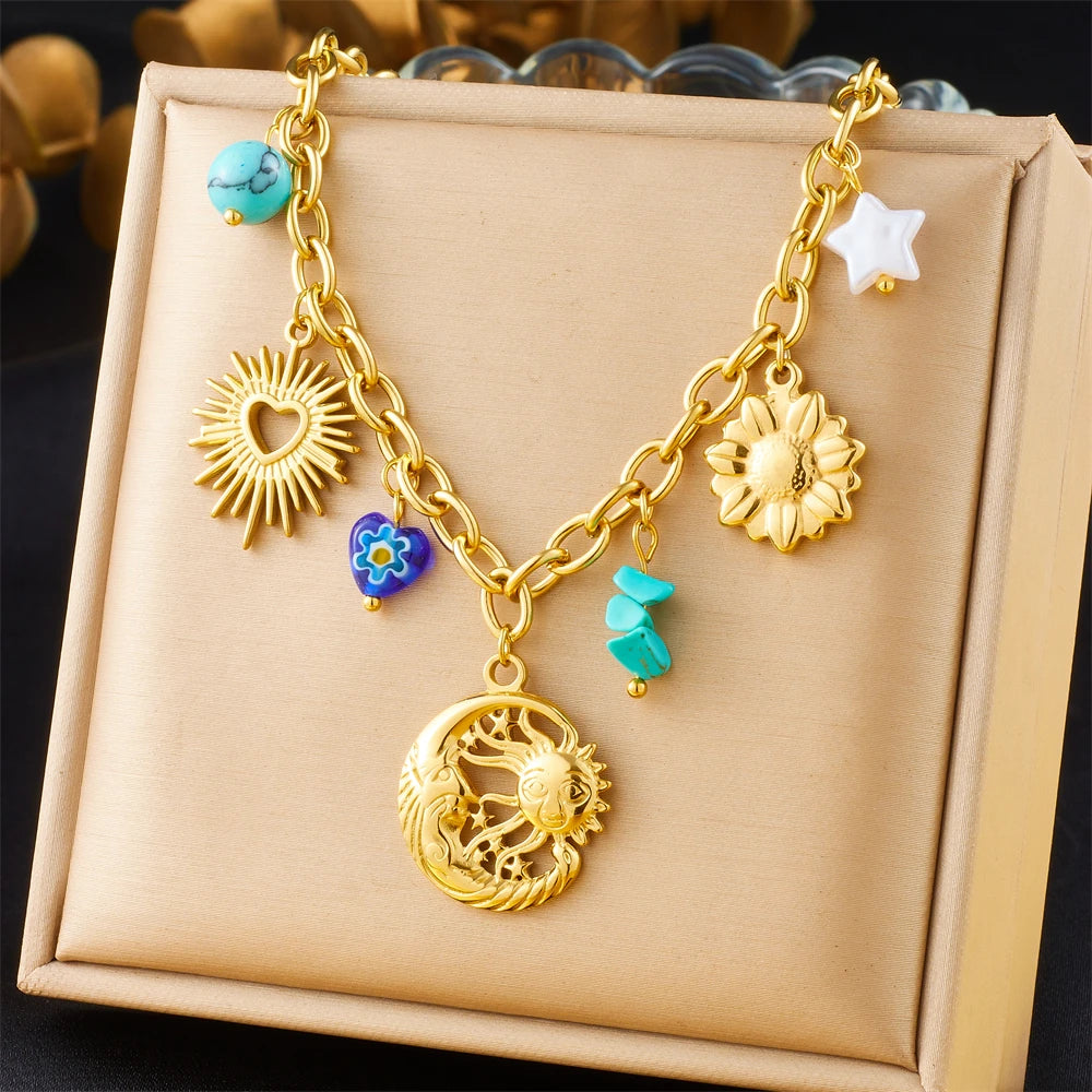 Sun, Moon and Starfish Charm Necklace, Gold-Tone Stainless Steel