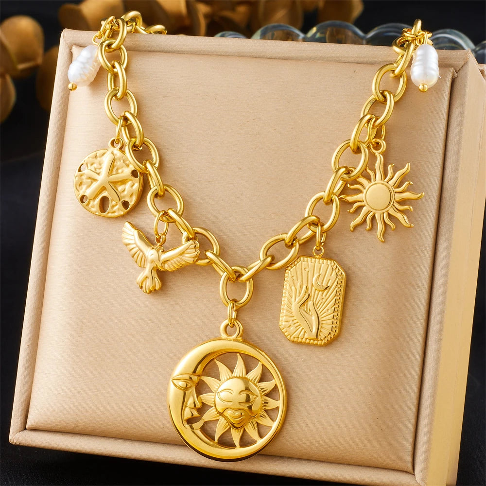 Sun, Moon and Starfish Charm Necklace, Gold-Tone Stainless Steel