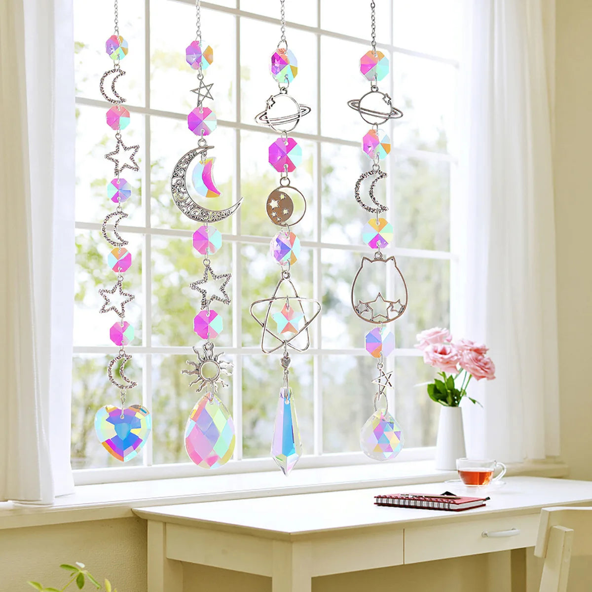 Iridescent Crystal Suncatcher Wind Chime, Moon, Star and Planet Charms