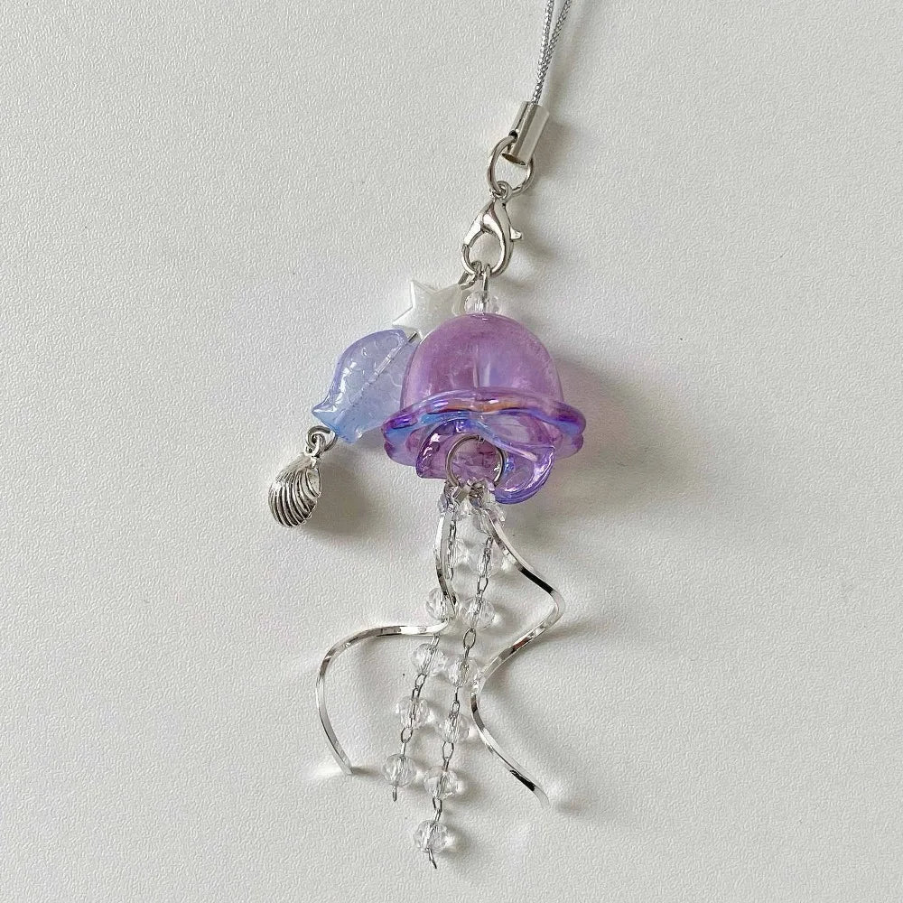Jellyfish Beaded Phone Charm Strap, Ocean Bead Keychain and Bag Charm